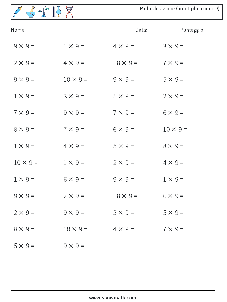 (50) Moltiplicazione ( moltiplicazione 9) Fogli di lavoro di matematica 6