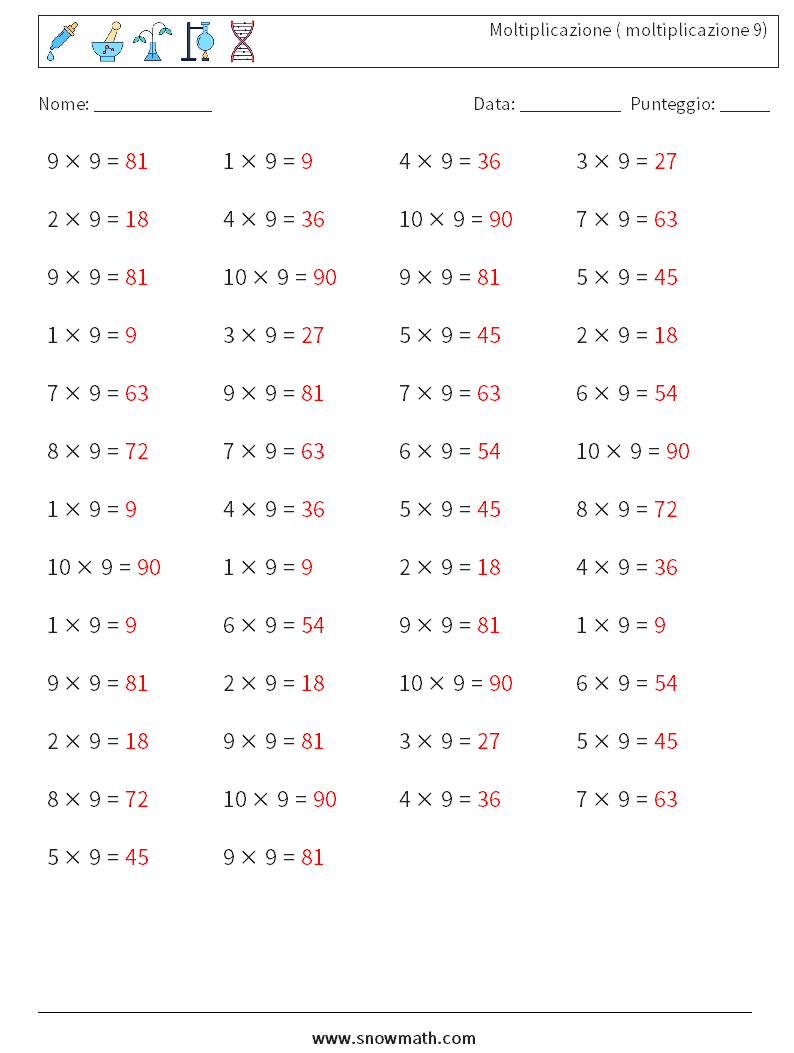 (50) Moltiplicazione ( moltiplicazione 9) Fogli di lavoro di matematica 6 Domanda, Risposta