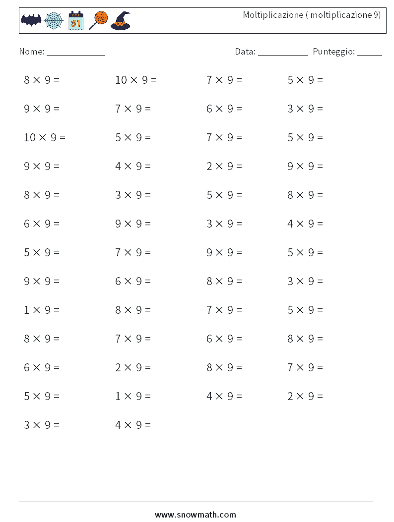 (50) Moltiplicazione ( moltiplicazione 9) Fogli di lavoro di matematica 7