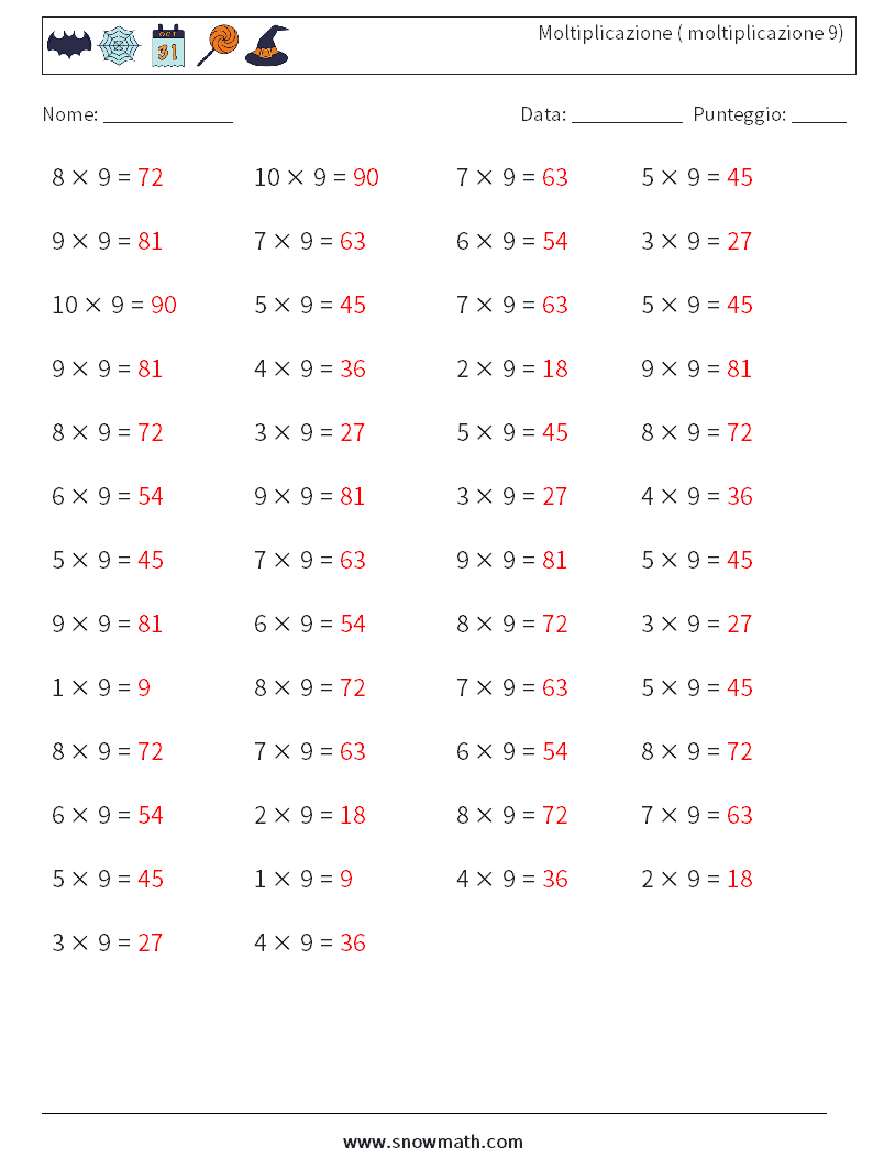 (50) Moltiplicazione ( moltiplicazione 9) Fogli di lavoro di matematica 7 Domanda, Risposta