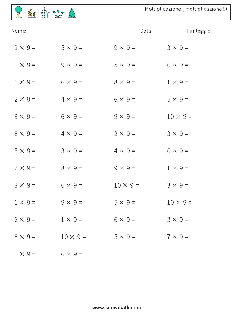 (50) Moltiplicazione ( moltiplicazione 9) Fogli di lavoro di matematica 8