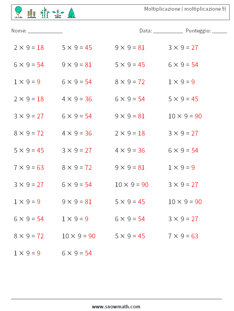 (50) Moltiplicazione ( moltiplicazione 9) Fogli di lavoro di matematica 8 Domanda, Risposta