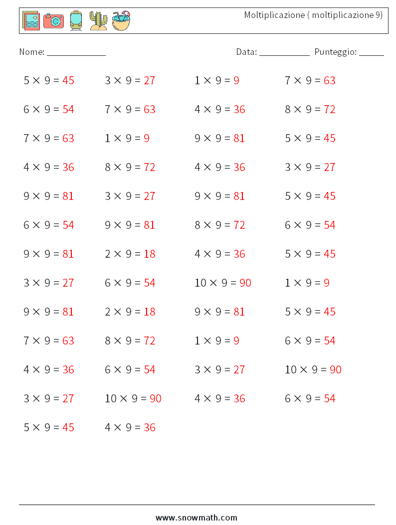 (50) Moltiplicazione ( moltiplicazione 9) Fogli di lavoro di matematica 9 Domanda, Risposta