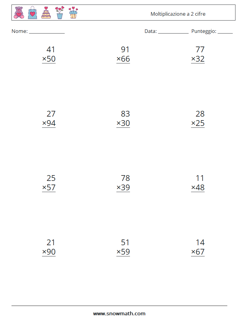 (12) Moltiplicazione a 2 cifre Fogli di lavoro di matematica 1