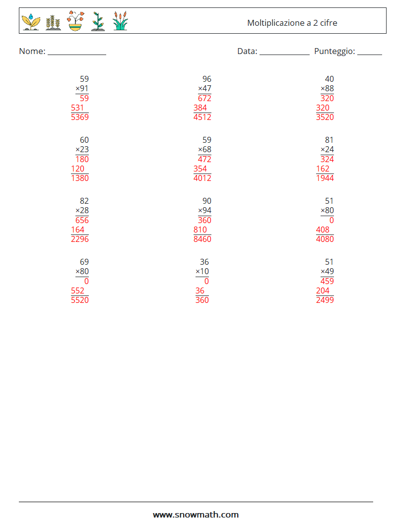 (12) Moltiplicazione a 2 cifre Fogli di lavoro di matematica 10 Domanda, Risposta