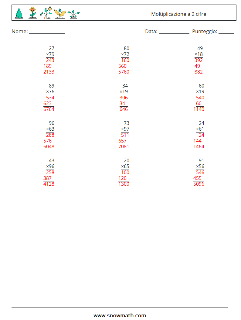 (12) Moltiplicazione a 2 cifre Fogli di lavoro di matematica 12 Domanda, Risposta