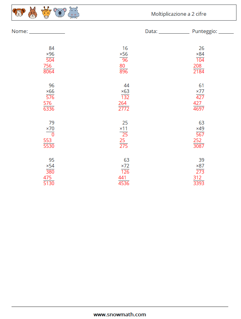 (12) Moltiplicazione a 2 cifre Fogli di lavoro di matematica 15 Domanda, Risposta