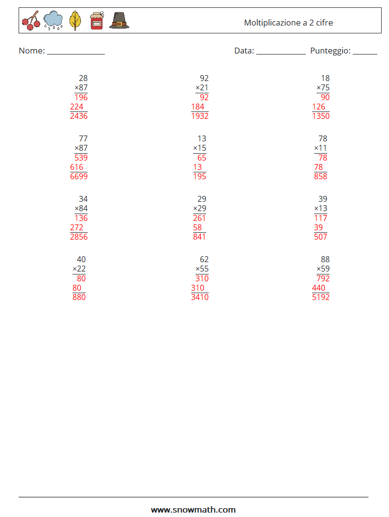 (12) Moltiplicazione a 2 cifre Fogli di lavoro di matematica 16 Domanda, Risposta