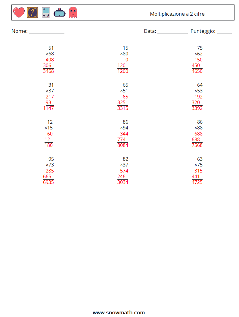 (12) Moltiplicazione a 2 cifre Fogli di lavoro di matematica 17 Domanda, Risposta