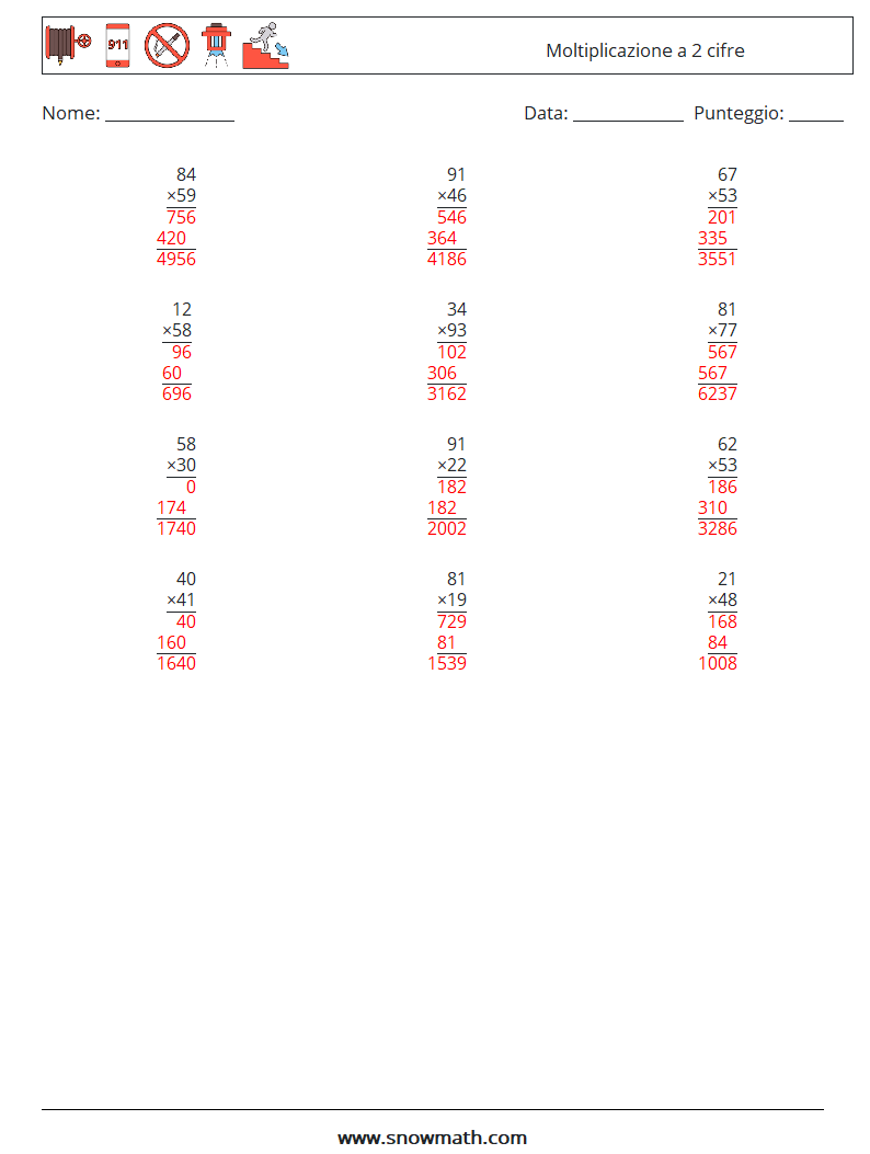 (12) Moltiplicazione a 2 cifre Fogli di lavoro di matematica 18 Domanda, Risposta