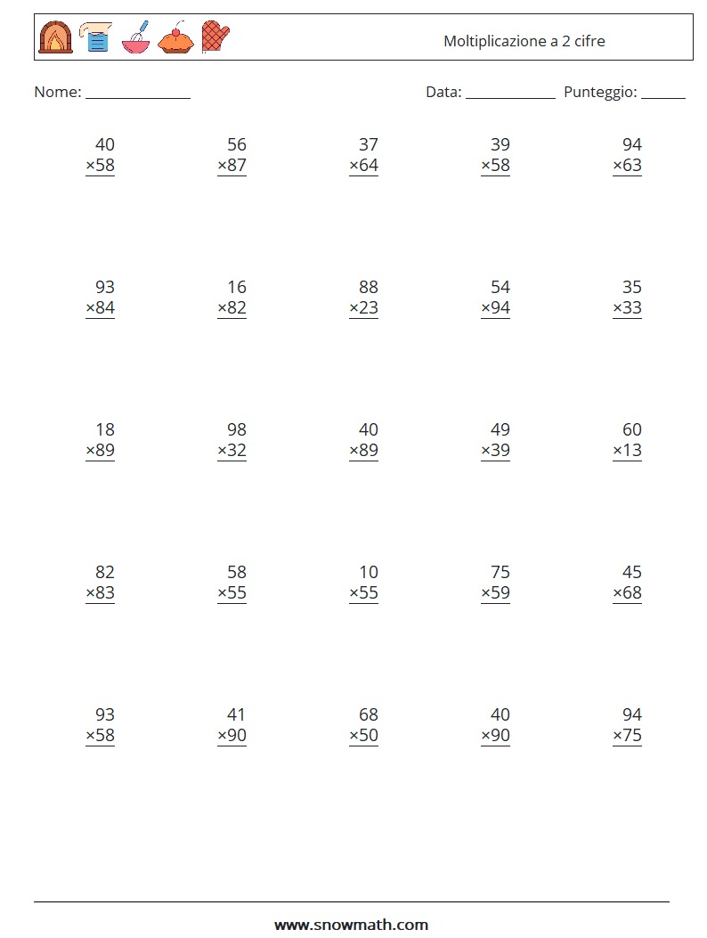 (25) Moltiplicazione a 2 cifre Fogli di lavoro di matematica 1