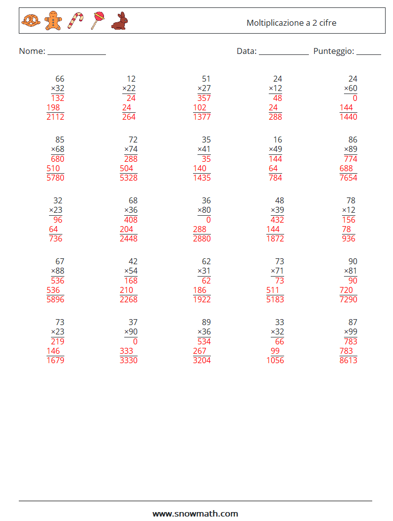 (25) Moltiplicazione a 2 cifre Fogli di lavoro di matematica 13 Domanda, Risposta