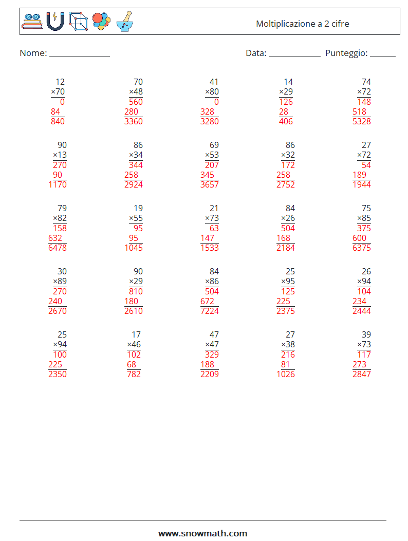 (25) Moltiplicazione a 2 cifre Fogli di lavoro di matematica 14 Domanda, Risposta