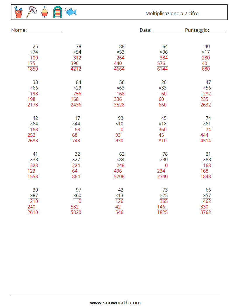 (25) Moltiplicazione a 2 cifre Fogli di lavoro di matematica 15 Domanda, Risposta
