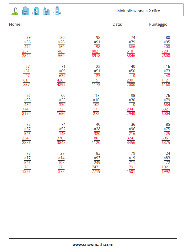 (25) Moltiplicazione a 2 cifre Fogli di lavoro di matematica 16 Domanda, Risposta