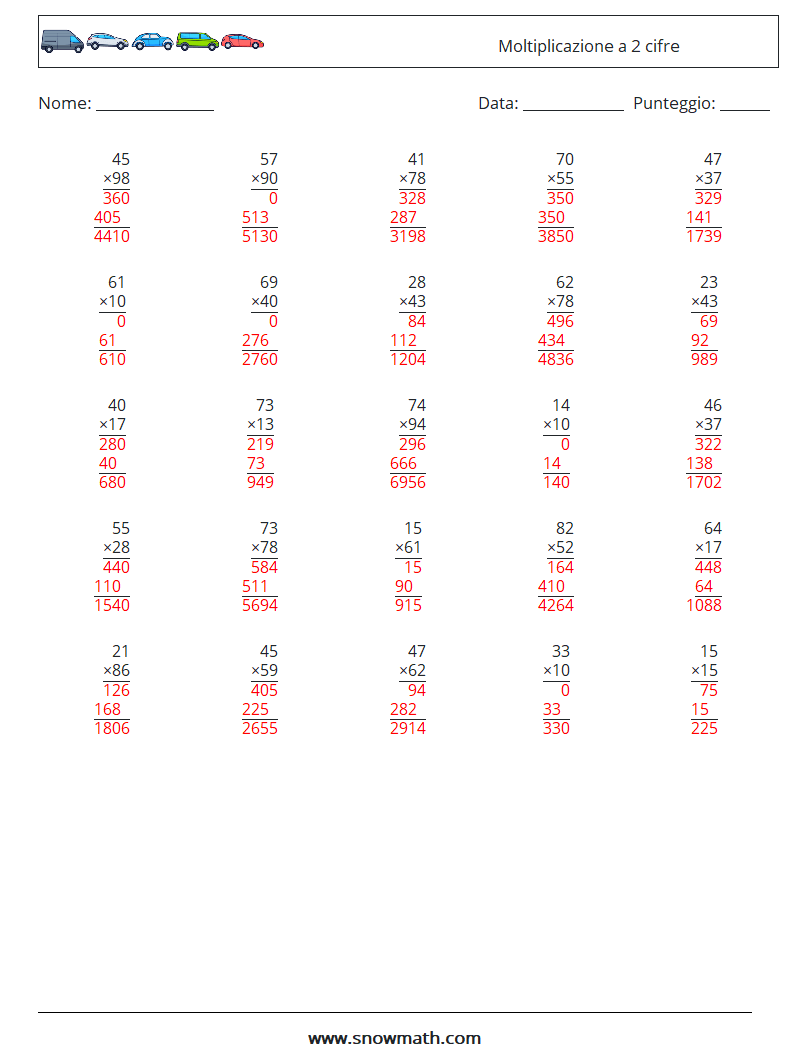 (25) Moltiplicazione a 2 cifre Fogli di lavoro di matematica 18 Domanda, Risposta