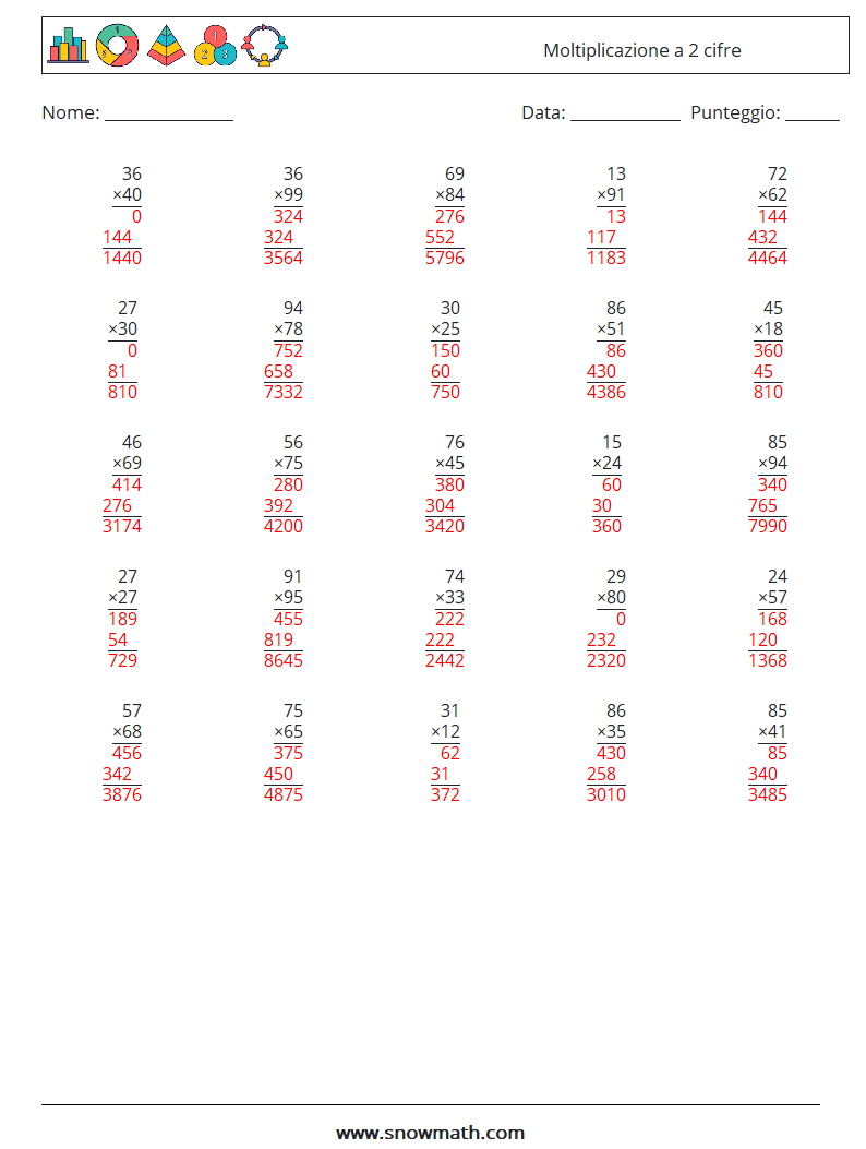 (25) Moltiplicazione a 2 cifre Fogli di lavoro di matematica 3 Domanda, Risposta