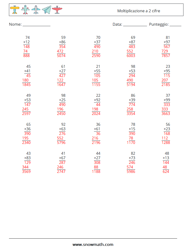 (25) Moltiplicazione a 2 cifre Fogli di lavoro di matematica 5 Domanda, Risposta