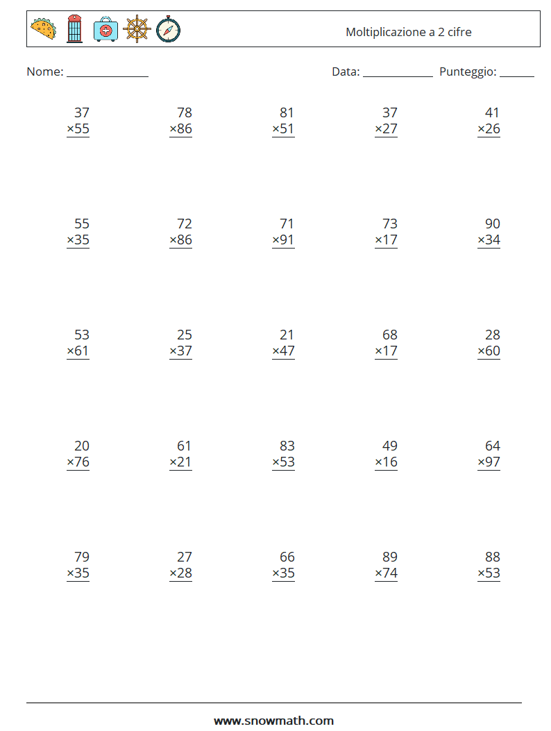 (25) Moltiplicazione a 2 cifre Fogli di lavoro di matematica 6