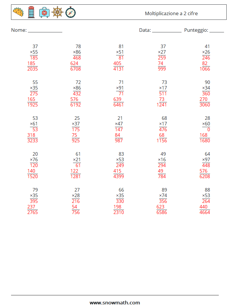 (25) Moltiplicazione a 2 cifre Fogli di lavoro di matematica 6 Domanda, Risposta