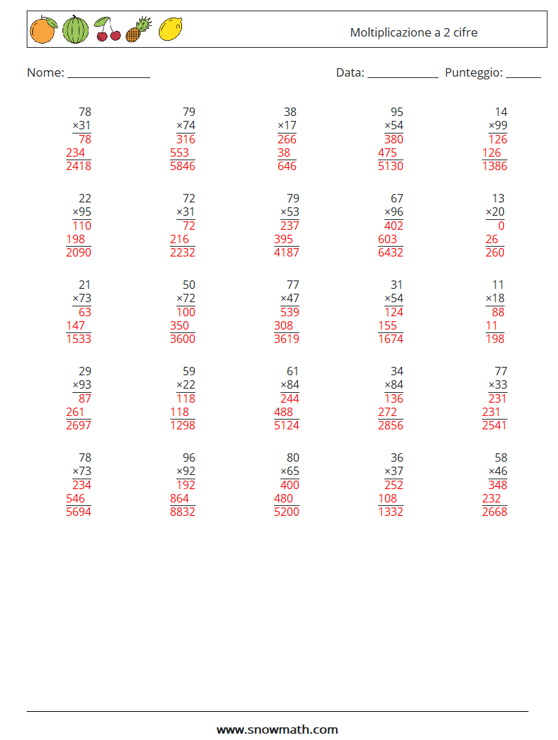 (25) Moltiplicazione a 2 cifre Fogli di lavoro di matematica 7 Domanda, Risposta