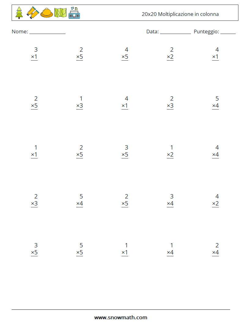 (25) 20x20 Moltiplicazione in colonna Fogli di lavoro di matematica 1