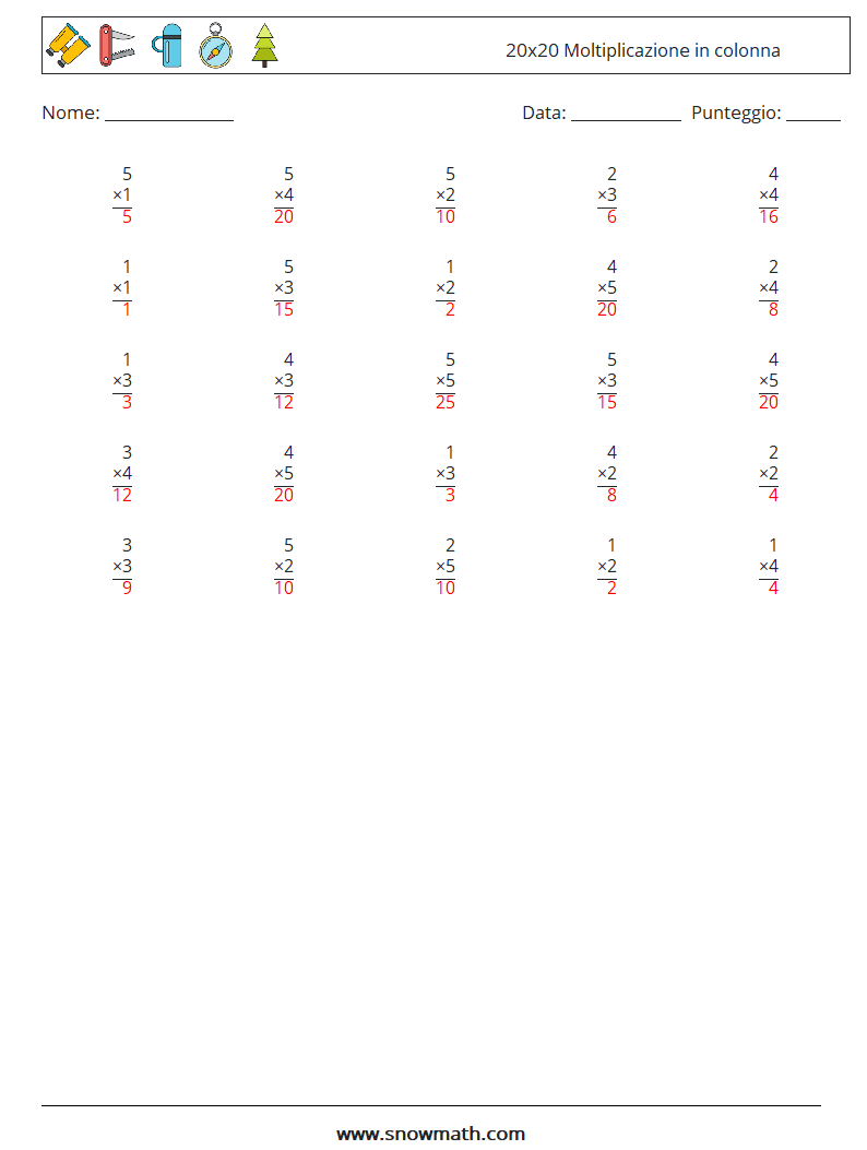 (25) 20x20 Moltiplicazione in colonna Fogli di lavoro di matematica 5 Domanda, Risposta