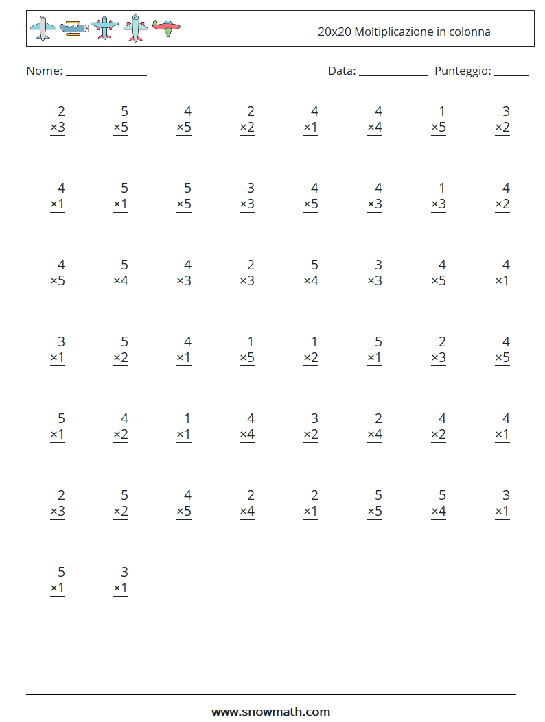 (50) 20x20 Moltiplicazione in colonna Fogli di lavoro di matematica 14