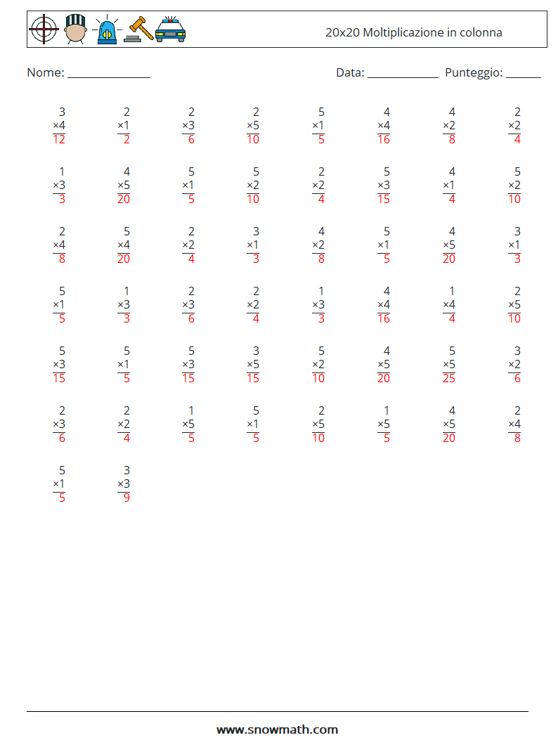(50) 20x20 Moltiplicazione in colonna Fogli di lavoro di matematica 5 Domanda, Risposta
