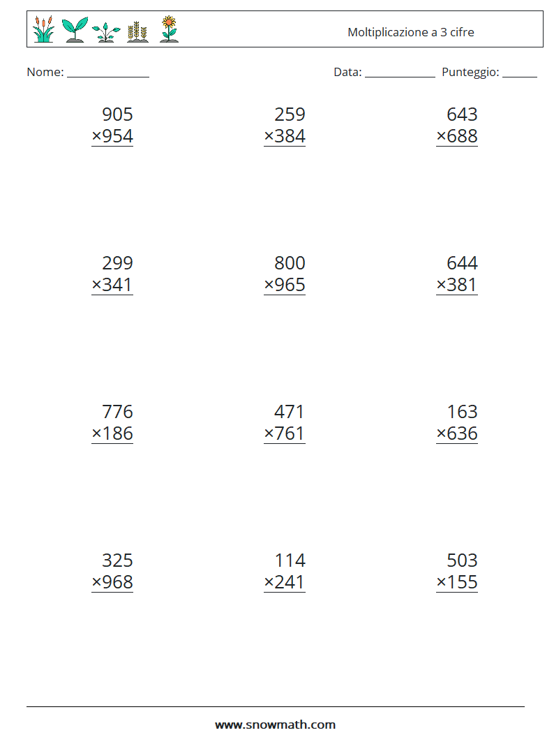 (12) Moltiplicazione a 3 cifre Fogli di lavoro di matematica 1