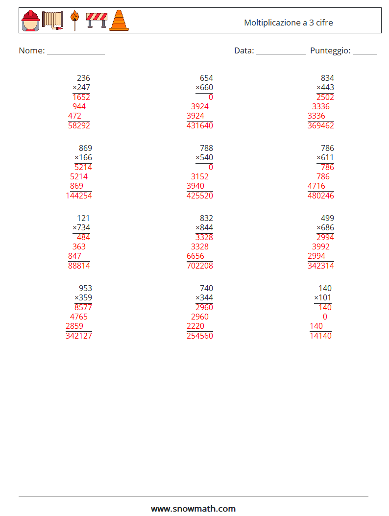 (12) Moltiplicazione a 3 cifre Fogli di lavoro di matematica 10 Domanda, Risposta