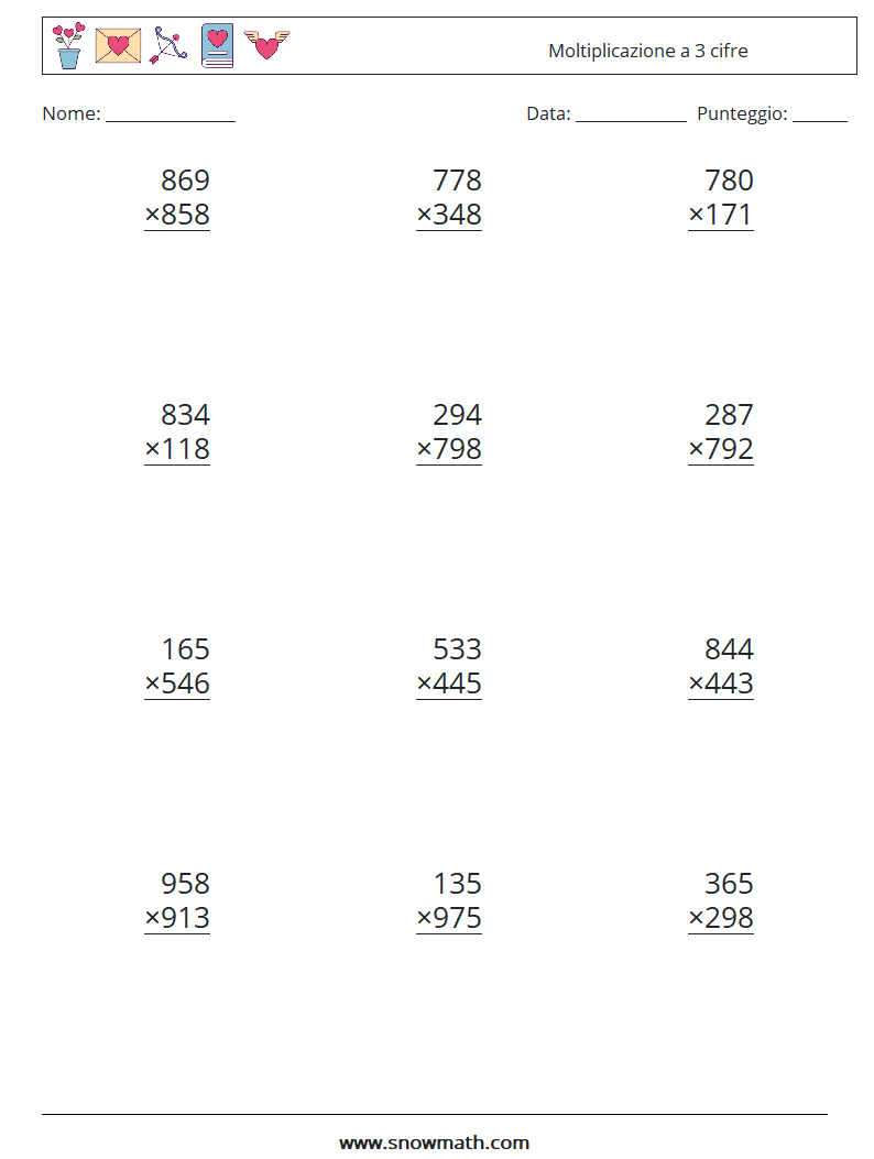 (12) Moltiplicazione a 3 cifre Fogli di lavoro di matematica 11