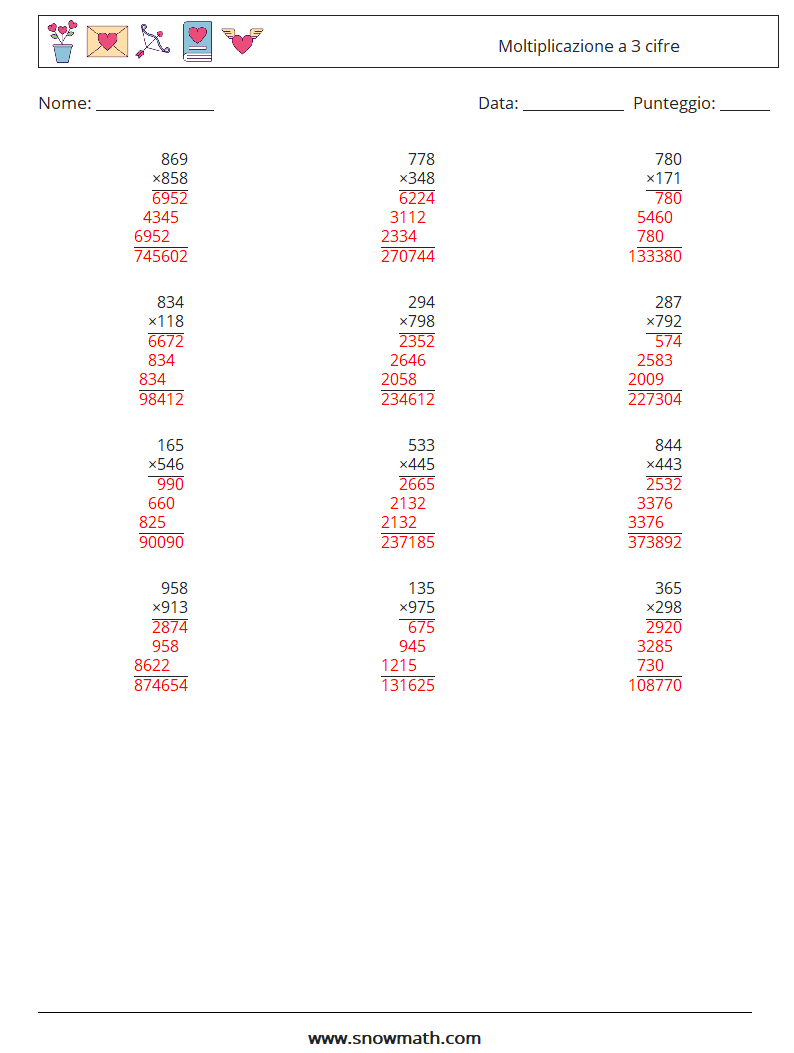 (12) Moltiplicazione a 3 cifre Fogli di lavoro di matematica 11 Domanda, Risposta