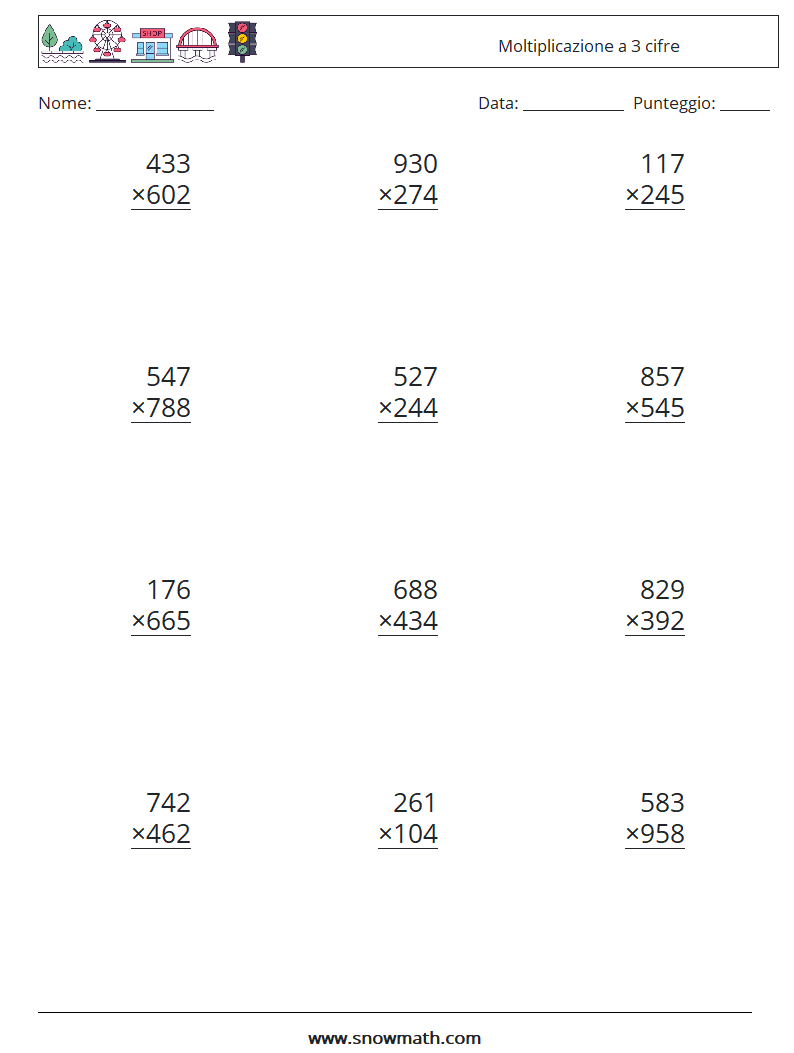 (12) Moltiplicazione a 3 cifre Fogli di lavoro di matematica 12