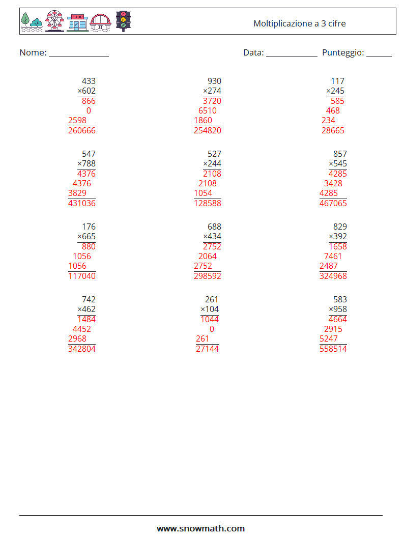 (12) Moltiplicazione a 3 cifre Fogli di lavoro di matematica 12 Domanda, Risposta