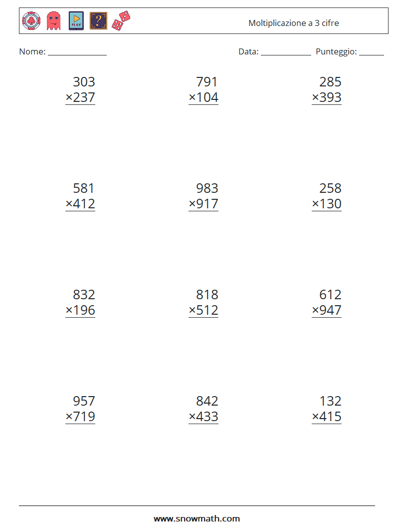 (12) Moltiplicazione a 3 cifre Fogli di lavoro di matematica 13