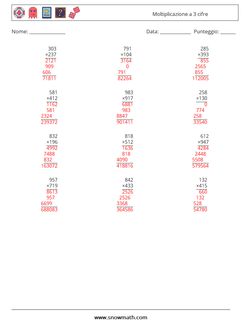 (12) Moltiplicazione a 3 cifre Fogli di lavoro di matematica 13 Domanda, Risposta