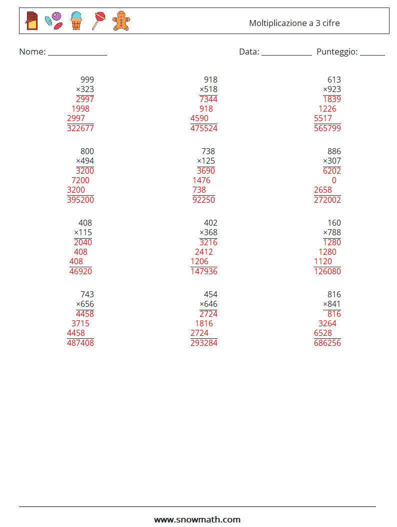 (12) Moltiplicazione a 3 cifre Fogli di lavoro di matematica 14 Domanda, Risposta