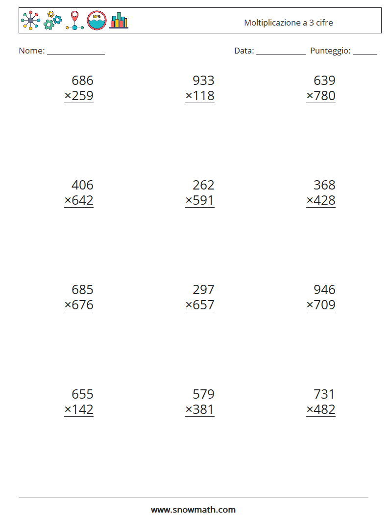 (12) Moltiplicazione a 3 cifre Fogli di lavoro di matematica 15