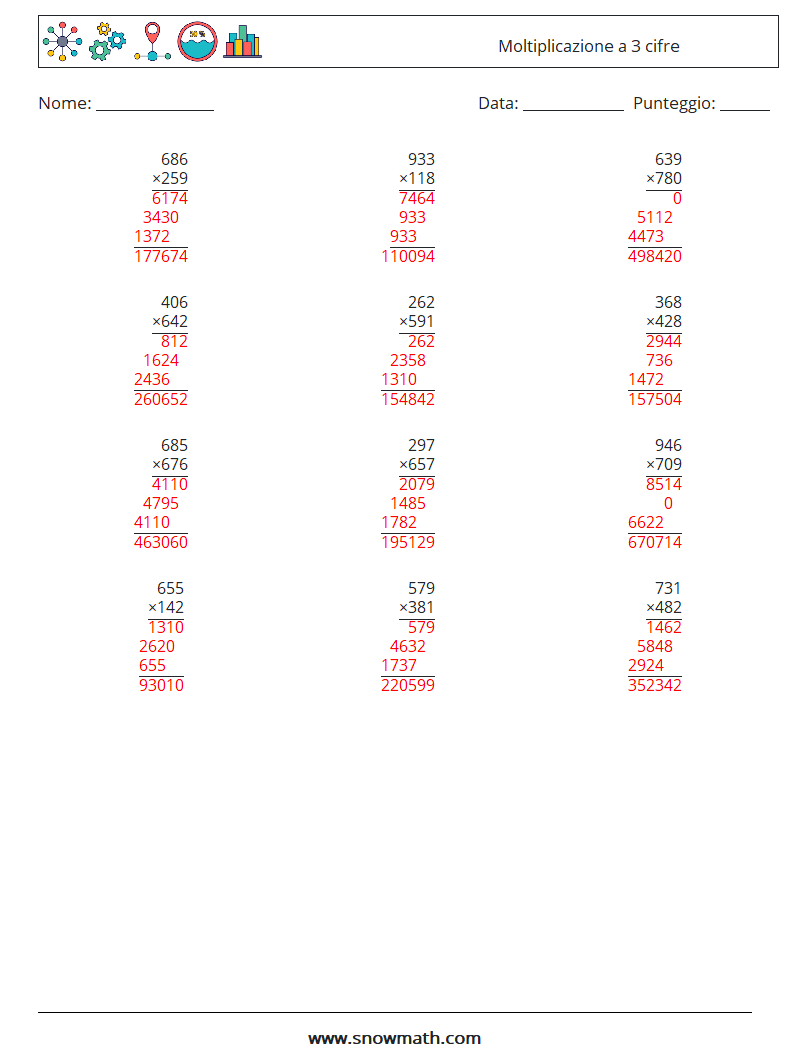(12) Moltiplicazione a 3 cifre Fogli di lavoro di matematica 15 Domanda, Risposta