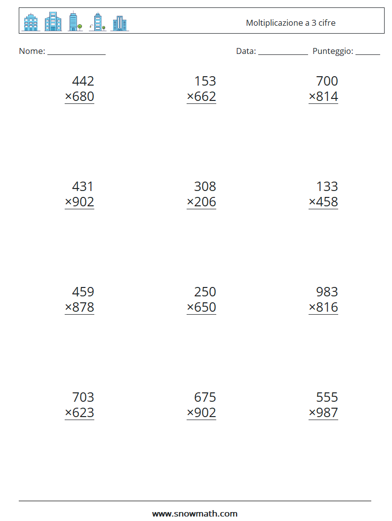 (12) Moltiplicazione a 3 cifre Fogli di lavoro di matematica 16