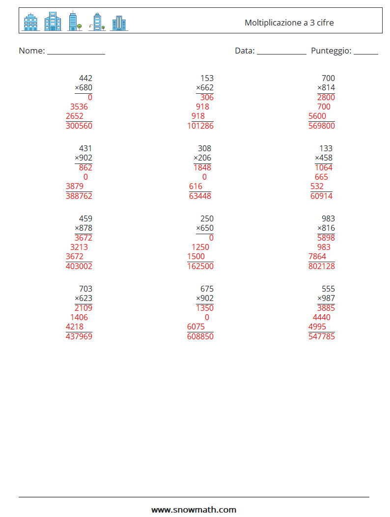 (12) Moltiplicazione a 3 cifre Fogli di lavoro di matematica 16 Domanda, Risposta