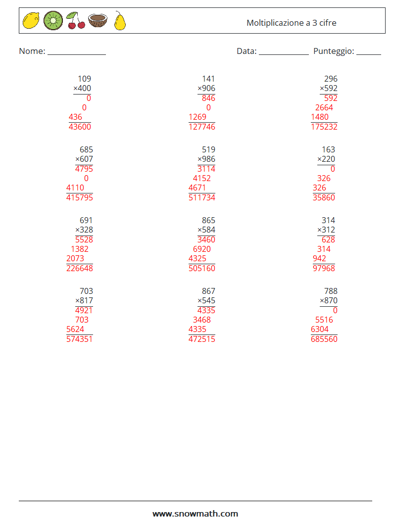(12) Moltiplicazione a 3 cifre Fogli di lavoro di matematica 18 Domanda, Risposta
