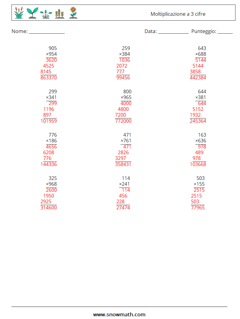 (12) Moltiplicazione a 3 cifre Fogli di lavoro di matematica 1 Domanda, Risposta