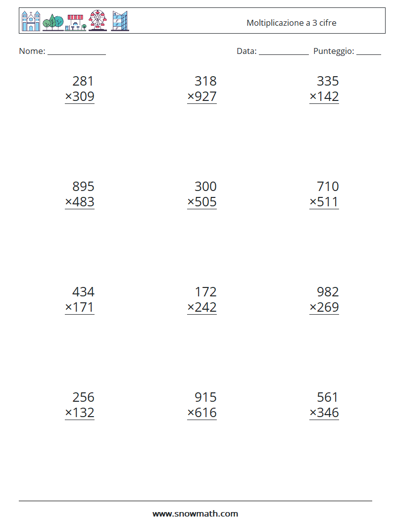 (12) Moltiplicazione a 3 cifre Fogli di lavoro di matematica 2