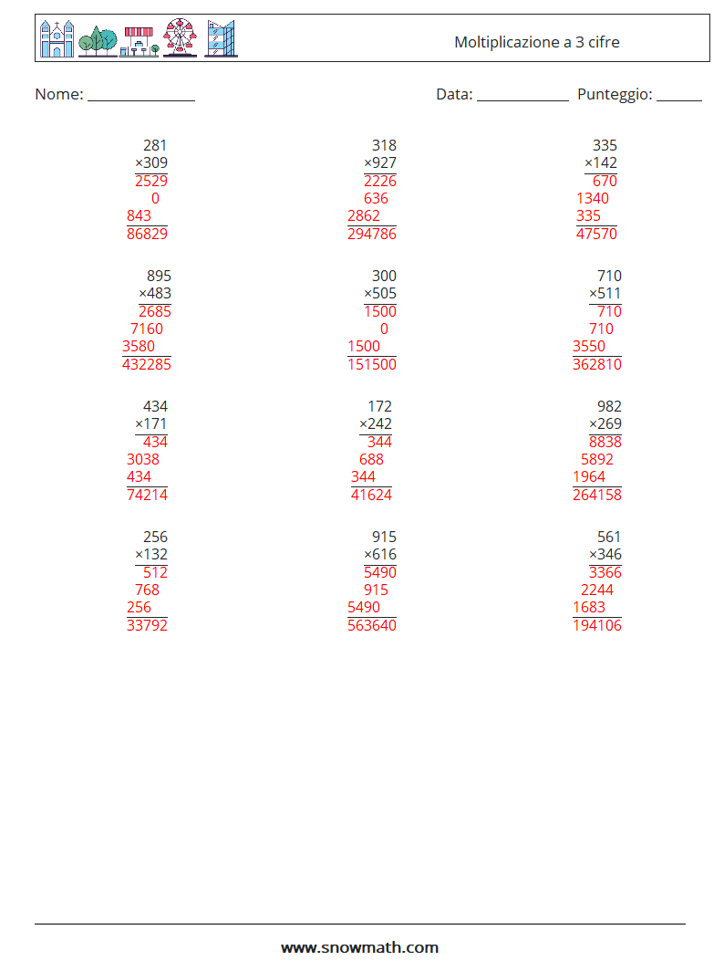 (12) Moltiplicazione a 3 cifre Fogli di lavoro di matematica 2 Domanda, Risposta