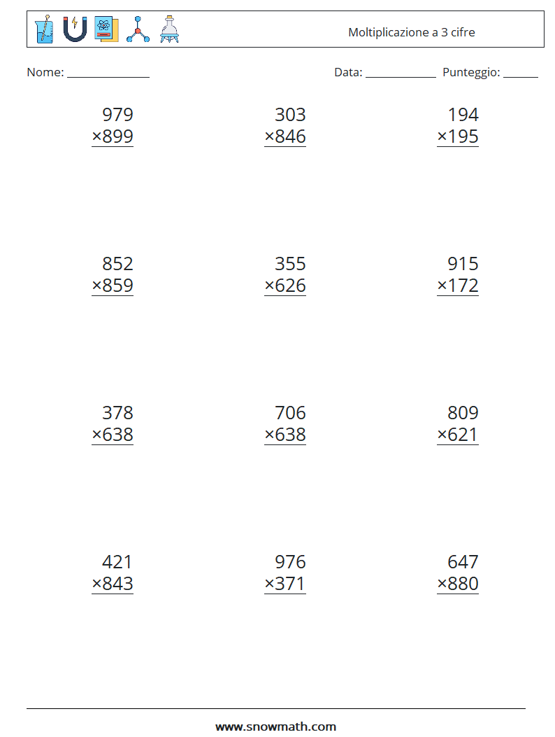 (12) Moltiplicazione a 3 cifre Fogli di lavoro di matematica 3