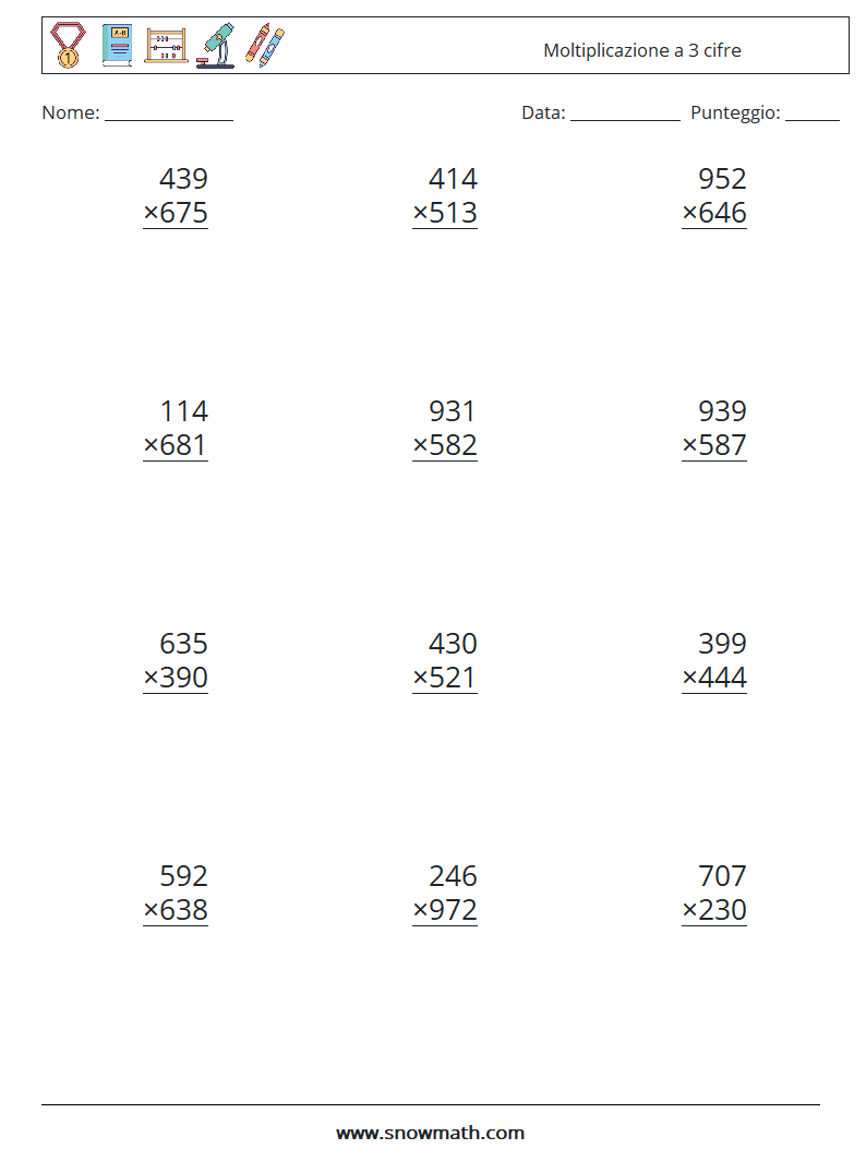 (12) Moltiplicazione a 3 cifre Fogli di lavoro di matematica 4