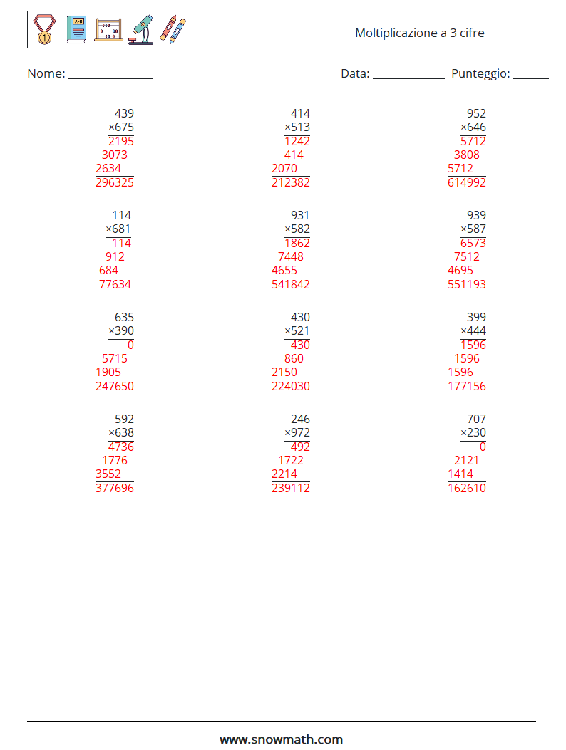 (12) Moltiplicazione a 3 cifre Fogli di lavoro di matematica 4 Domanda, Risposta