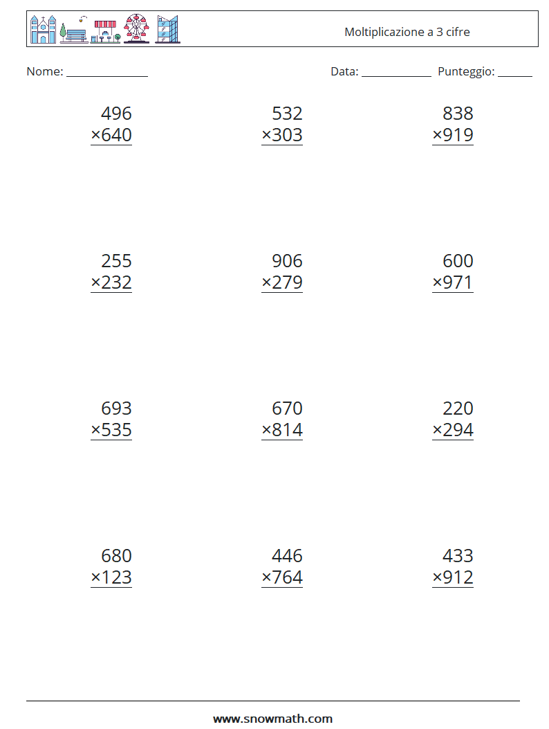 (12) Moltiplicazione a 3 cifre Fogli di lavoro di matematica 5